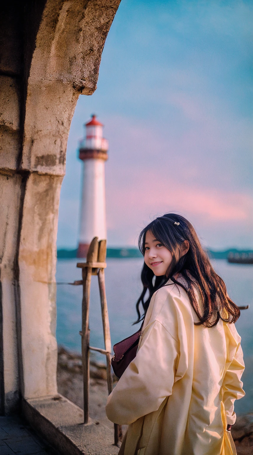 cinematic film still, 1girl, solo, little smile, beach,(sunset:1.1), akagi_rin(denchi-project), solo, star hair ornament, twin braids,sparkle, from behind, looking back, huge sunset,red floating, uniform, night, waving, sea, 1 lighthouse, . shallow depth of field, vignette, highly detailed, high budget, bokeh, cinemascope, moody, epic, gorgeous, film grain, grainy
