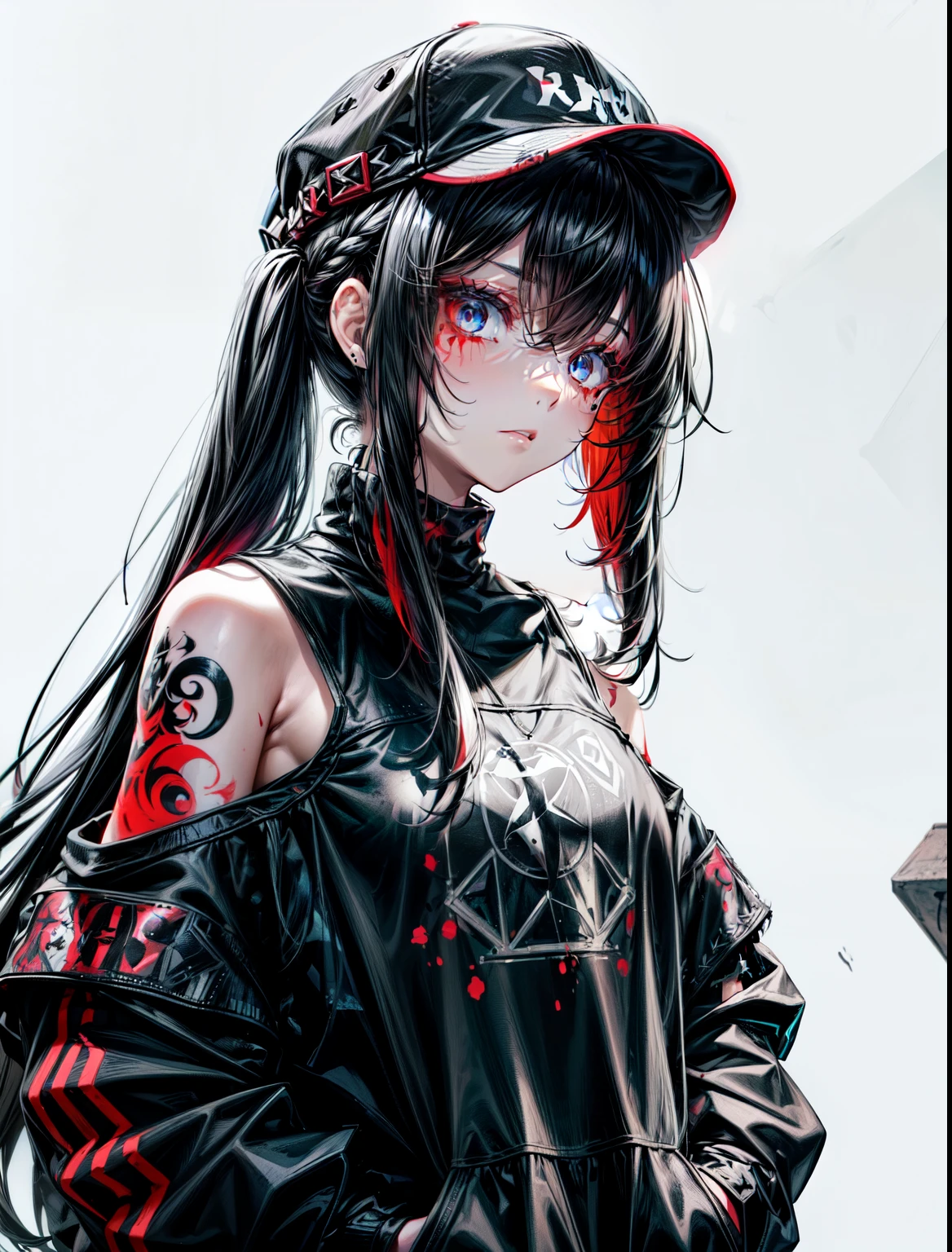 1girll,Back shadow splatter, red paint splatter Sweatshirt(black ish color),face and neck tattoo, An off-the-shoulder garment,baseball cap,Alchemy Laboratory,the mystery of unknown territories,Put your hands in your pockets,random colorful long hair,Shoulder-length hair,Black eyes,Game scene graph, raining street background
