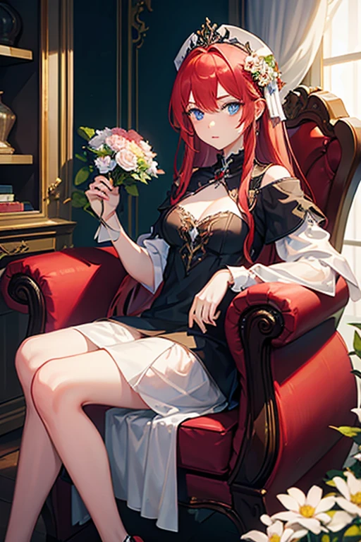 A girl with red hair light blue eyes sitting on a throne holding a flower 