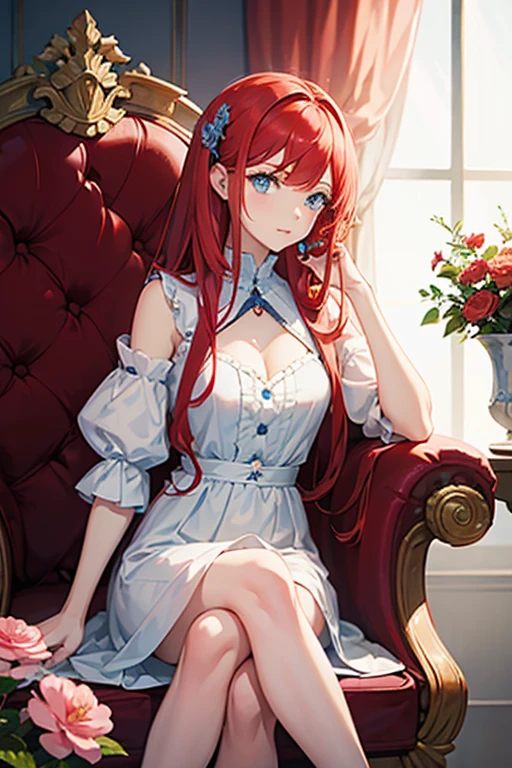 A girl with red hair light blue eyes sitting on a throne holding a flower 