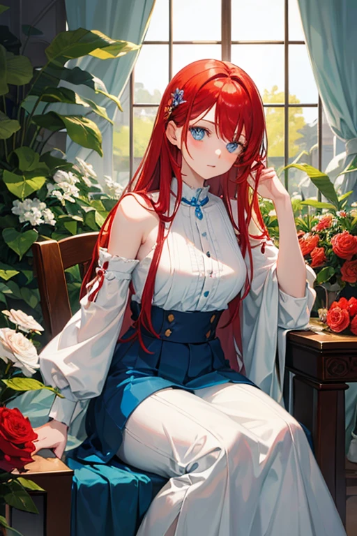 A girl with red hair light blue eyes sitting on a throne holding a flower 