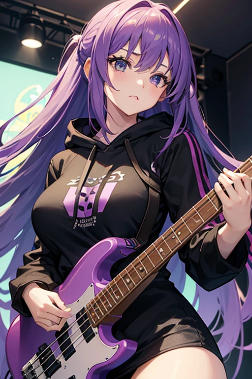 background through, purple hair girl, green eyes、Super high quality, 8K、Upper body、Band bassist、black hoodie、bassguitar、big tits, purple-haired girl、beautiful eyes