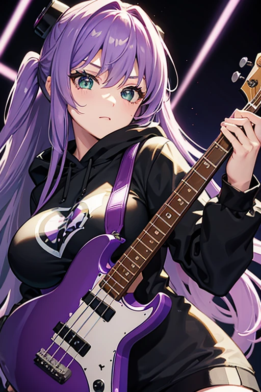 background through, purple hair girl, green eyes、Super high quality, 8K、Upper body、Band bassist、black hoodie、bassguitar、big tits, purple-haired girl、beautiful eyes