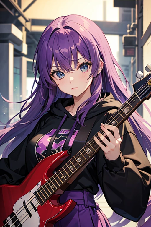 background through, purple hair girl, green eyes、Super high quality, 8K、Upper body、Band bassist、black hoodie、bassguitar、big tits, purple-haired girl、beautiful eyes