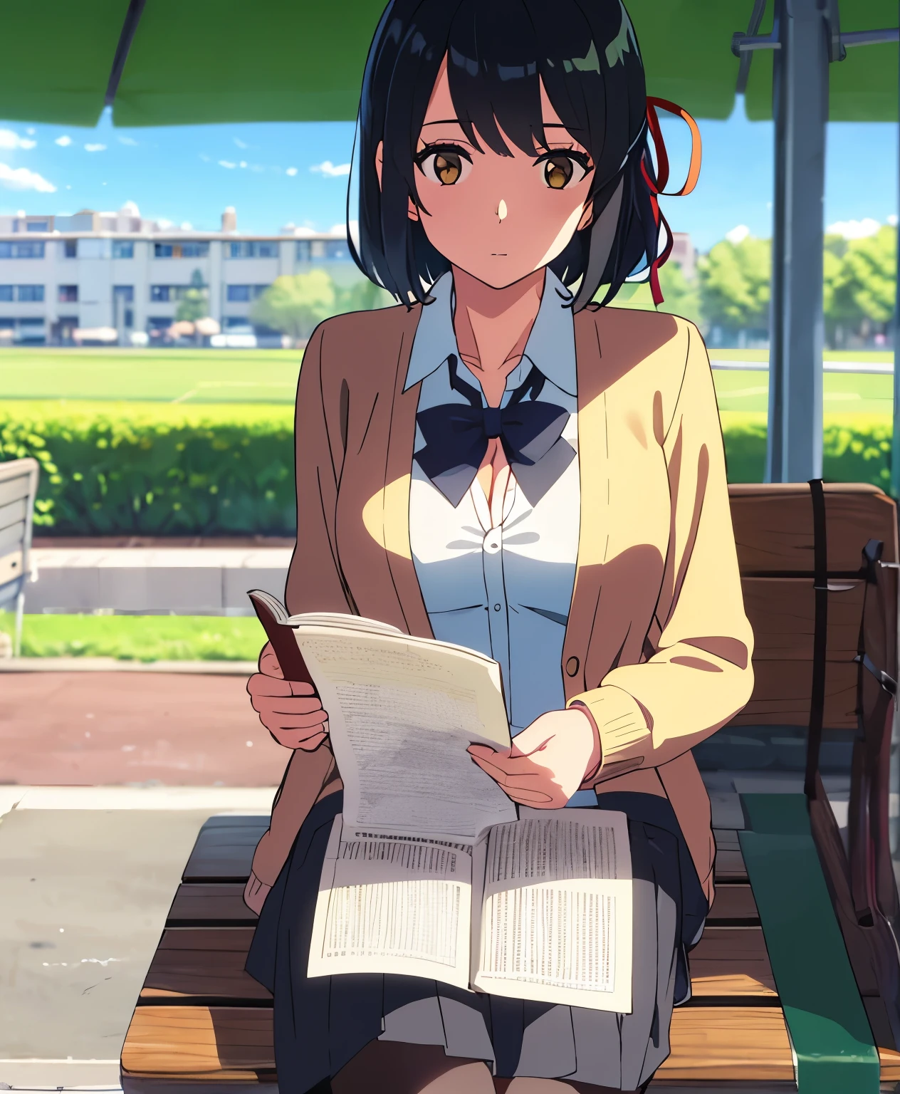 1girl, black hair, brown eyes, short hair, har band, hair ribbon, yellow cardigan, cleavage, white dress skirt, perfect anatomy, cowboyshot, sit on bench chair, reading a book, outdoors, school university, sky, school building, solo, solo focus, pov, looking at the viewer,