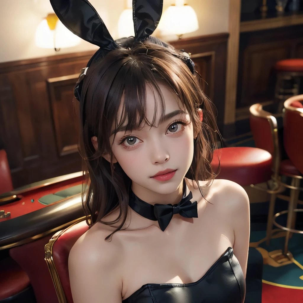 (highest quality, 8k, 32k, masterpiece, Ultra-high resolution):1.2, Blurred Background, Great photo with beautiful saturation, Ultra-high resolution,(Realistic:1.4)),Deep Shadow,(highest quality), ultra Realistic,32k,Highly detailed CG Unity,  Expressive eyes, Perfect Face, Perfect Anatomy, Perfect body, scene, One girl, Open your mouth, Brown eyes, Long Hair, Close-up portrait , (casino), Cowboy Shot, Exposing shoulders, (Black pantyhose), bow tie, Bunny ears, (Wrist cuff,  Detachable collar), fake animal ears, Playboy Bunny, red bow tie, (Leather leotard), Strapless Leotard, Elbow hand pockets,(I can see your chest),An inviting smile