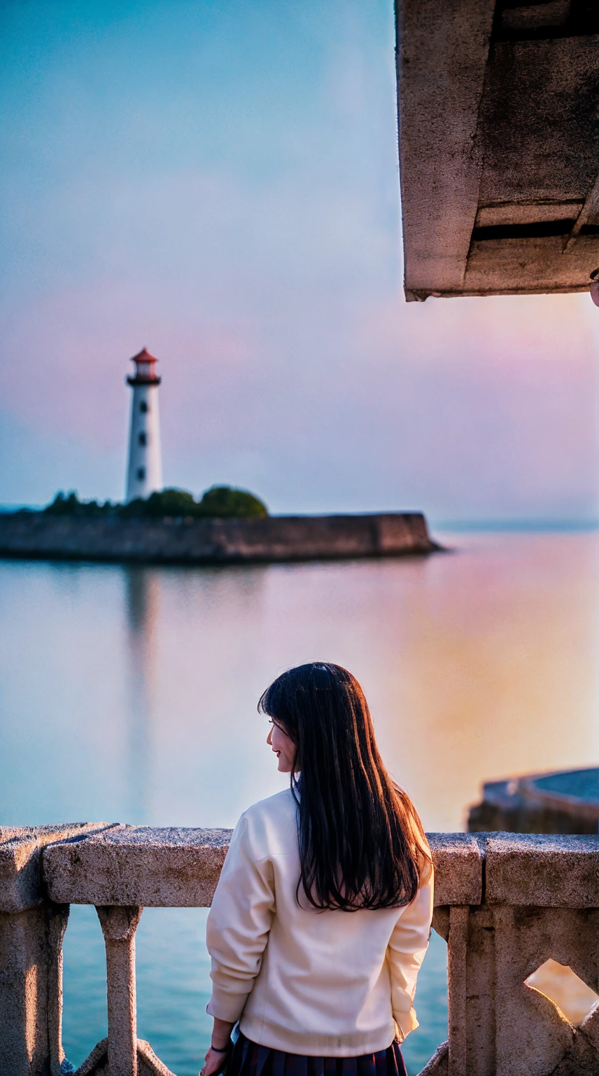 cinematic film still, 1girl, solo, cute smile, beach,(sunset:1.1), akagi_rin(denchi-project), solo, star hair ornament, twin braids,sparkle, from behind, looking back, huge sunset,red floating, uniform, night, waving, sea, 1 lighthouse, . shallow depth of field, vignette, highly detailed, high budget, bokeh, cinemascope, moody, epic, gorgeous, film grain, grainy
