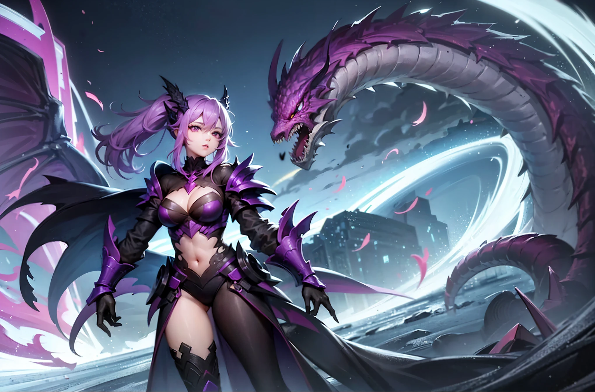 A girl fused with a dragon. image color is black. Purple hair. Bikini armor. A dragon's neck from her shoulder. Scaly armor.