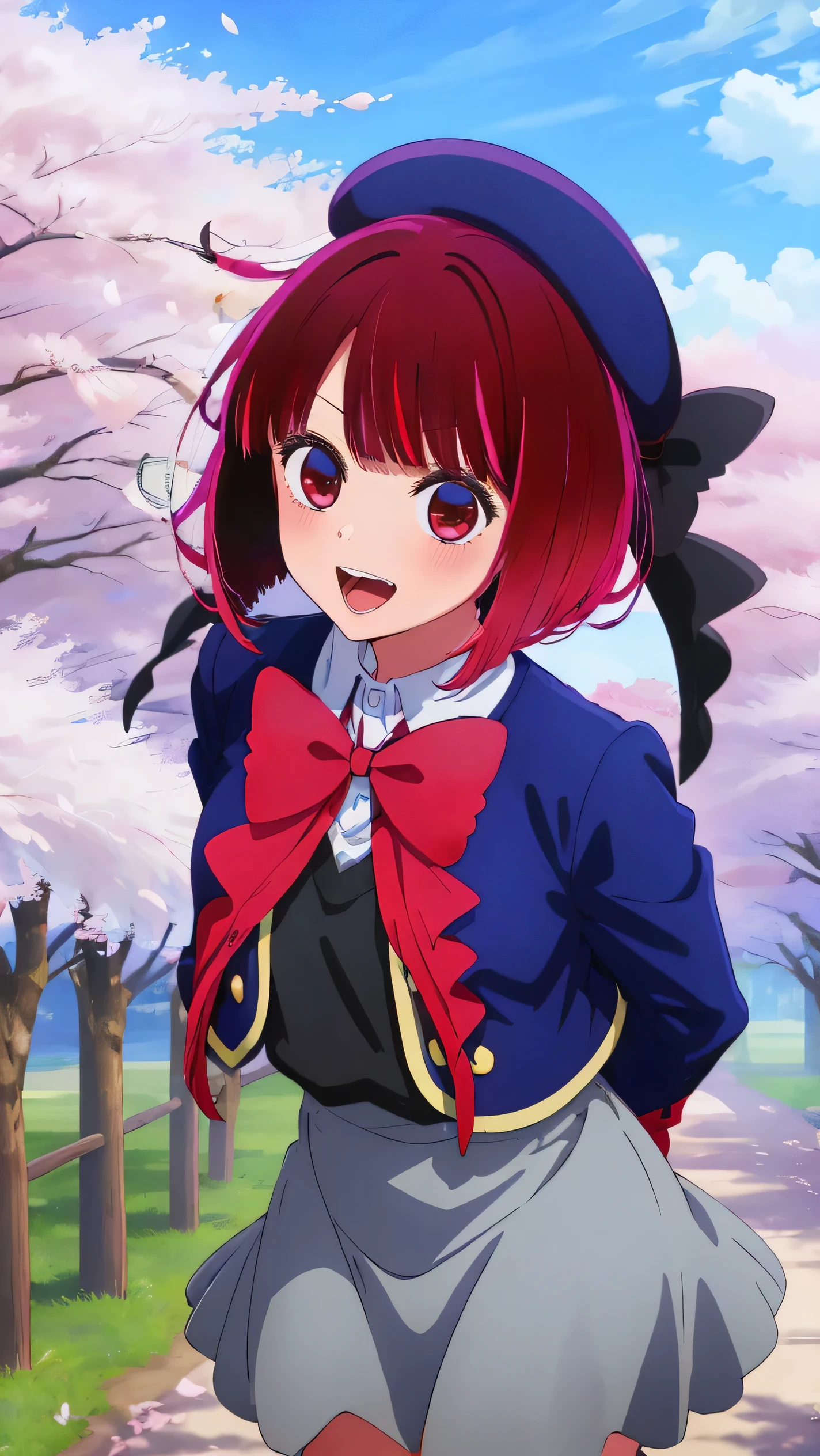 masterpiece, best quality, highres, looking at viewer, aakana, aakana, short hair, beret, red eyes, blue headwear, red bowtie, collared shirt, blue jacket, open jacket, long sleeves, grey skirt, smile, open mouth, standing, leaning forward, arms behind back, outdoors, cherry blossoms,