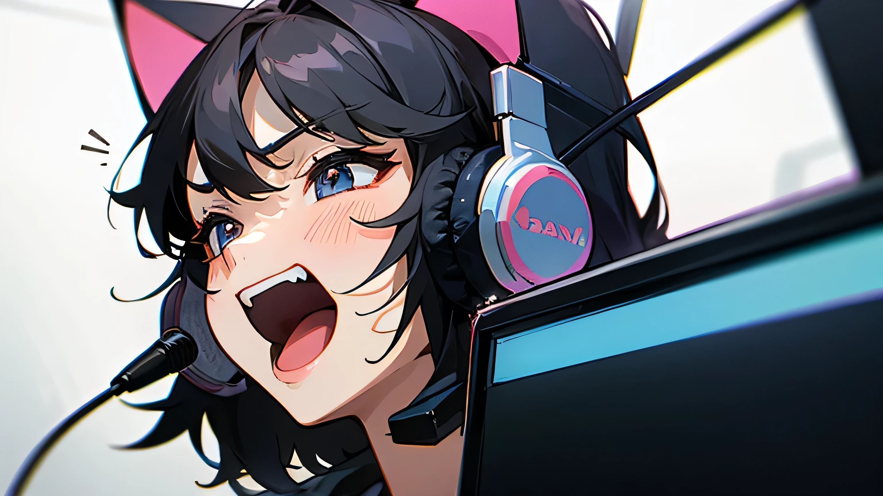 A room with speakers and microphones、Cat with headphones、Upper body close-up、Yawn