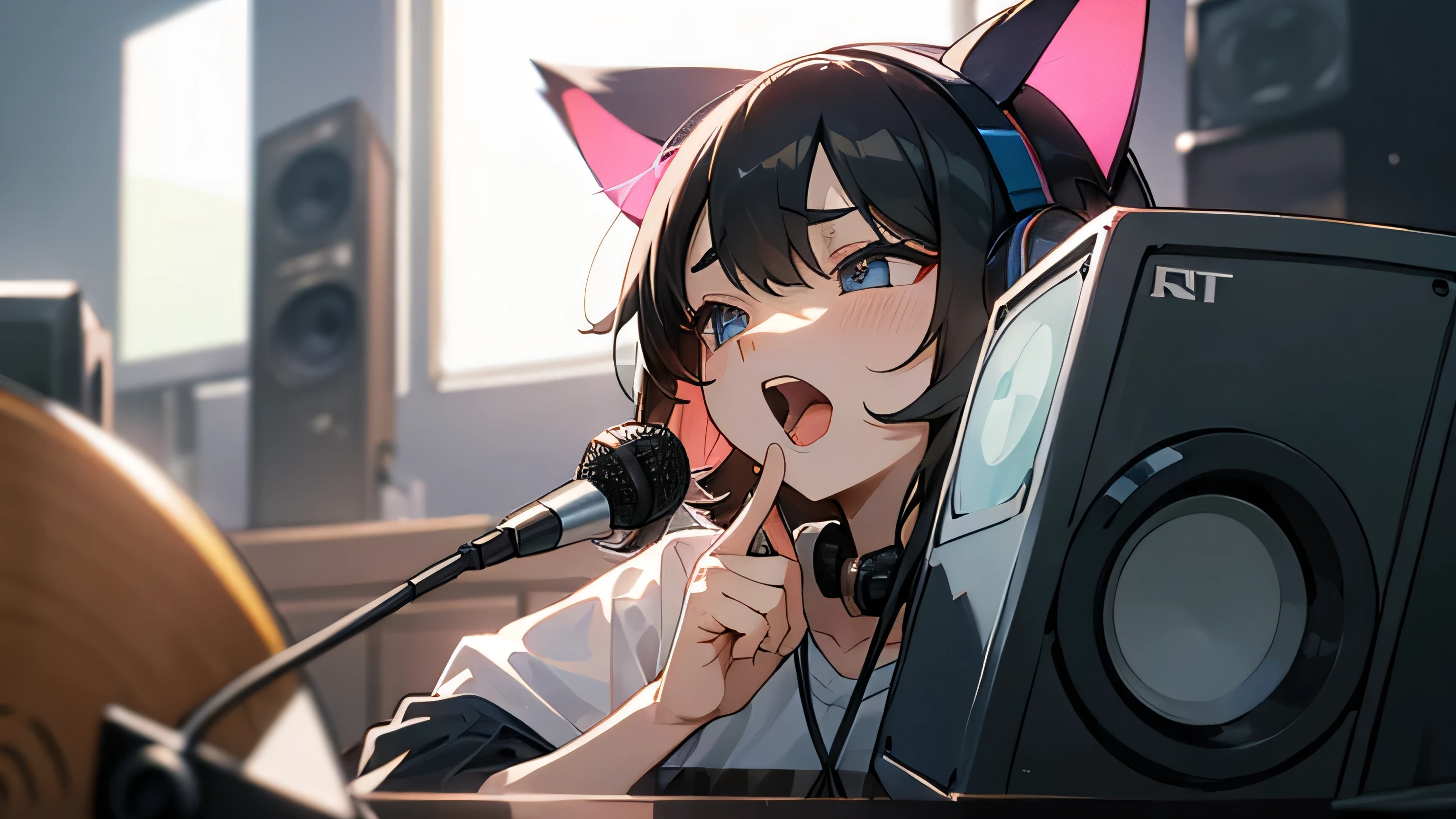 A room with speakers and microphones、Cat with headphones、Upper body close-up、Yawn