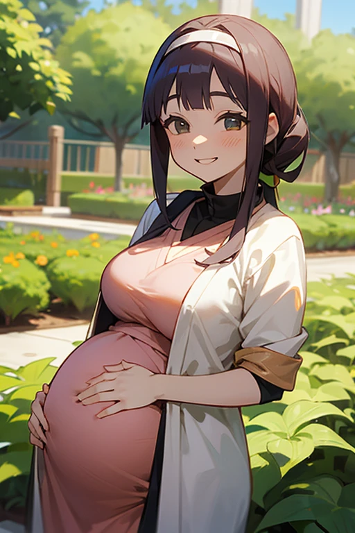 A pregnant Hinata smiling at the garden