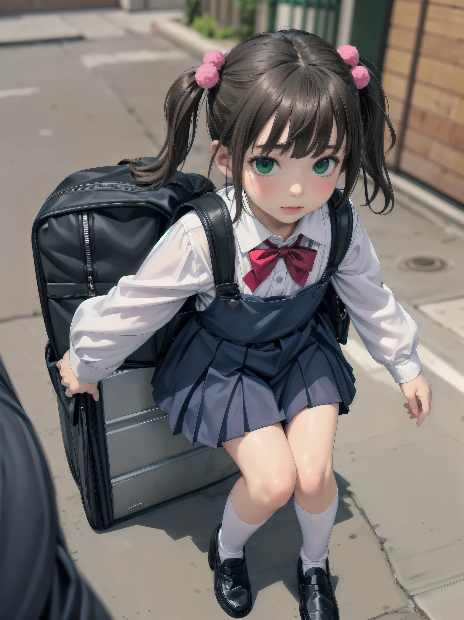 1girl,best quality,ultra-detailed,high resolution,(photorealistic, realistic, photo-realistic:1.2),(9 yo,flat chest),bangs,(smile:0.3),,shigure ui (vtuber),aged down,,backpack,bag,bangs,black dress,black footwear,blush,pom pom hair ornament,collared shirt,green eyes,kneehighs,light brown hair,loafers,long sleeves,pinafore dress,pleated dress,randoseru,red bow,,sleeveless dress,twintails,white legwear,white shirt,anime