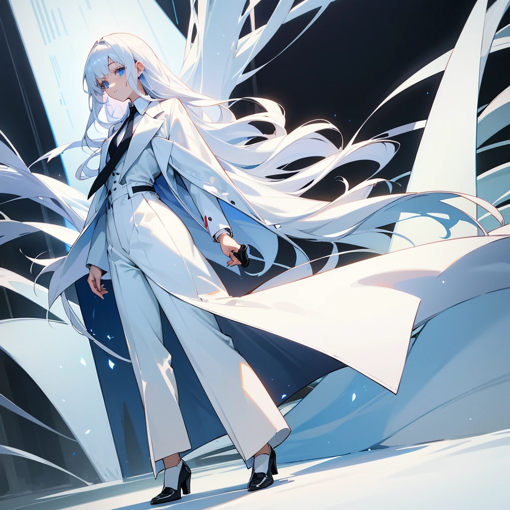 A beautiful young woman, long white hair, and blue eyes. Wearing white shirt, long black ties, long white coat, formal shoes, and white long pants.