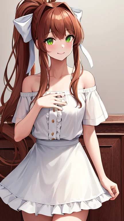 (masterpiece,Highest quality,Ultra-high resolution),A very beautiful 25 year old girl, Look at the photographer、 Beautiful low ponytail, Brown Hair、Shiny and smooth hair、Very cute face,Small face、 Sexy embarrassed smile、Glossy Lips, Double eyelids on both eyes,Natural smile、 Natural Makeup, Long eyelashes, Center image, Perfect limbs, Perfect Anatomy, ((White off-the-shoulder tight knit dress))、Satin Long Gloves、