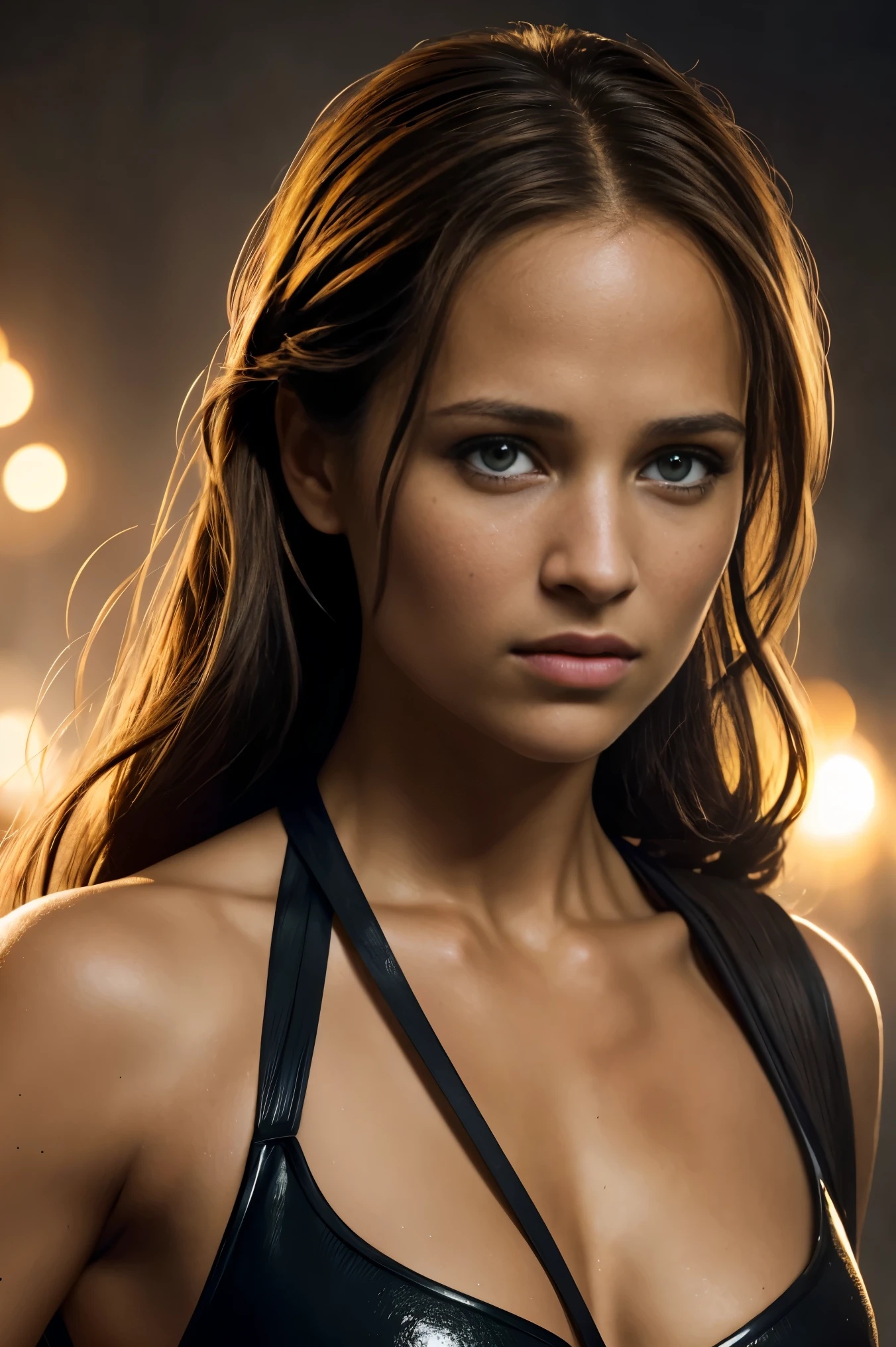 Alicia Vikander as Lara Croft, (UHD, 8K wallpaper, High resolution), Cinematic lighting, award-winning, extremely detailed skin, extra detailed face, photo-realistic, high detail eyes, Carl Zeiss 85 mm F/1.4, bokeh, by Ellen von Unwerth