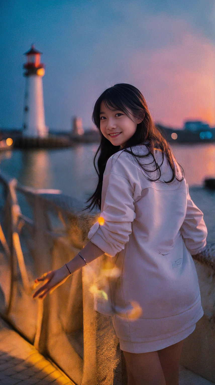 cinematic film still, 1girl, solo, cute smile, beach,(night:1.1), (light city), akagi_rin(denchi-project), solo, star hair ornament, twin braids,sparkle, from behind, looking back, huge sunset,red floating, uniform, night, waving, sea, 1 lighthouse, . shallow depth of field, vignette, highly detailed, high budget, bokeh, cinemascope, moody, epic, gorgeous, film grain, grainy
