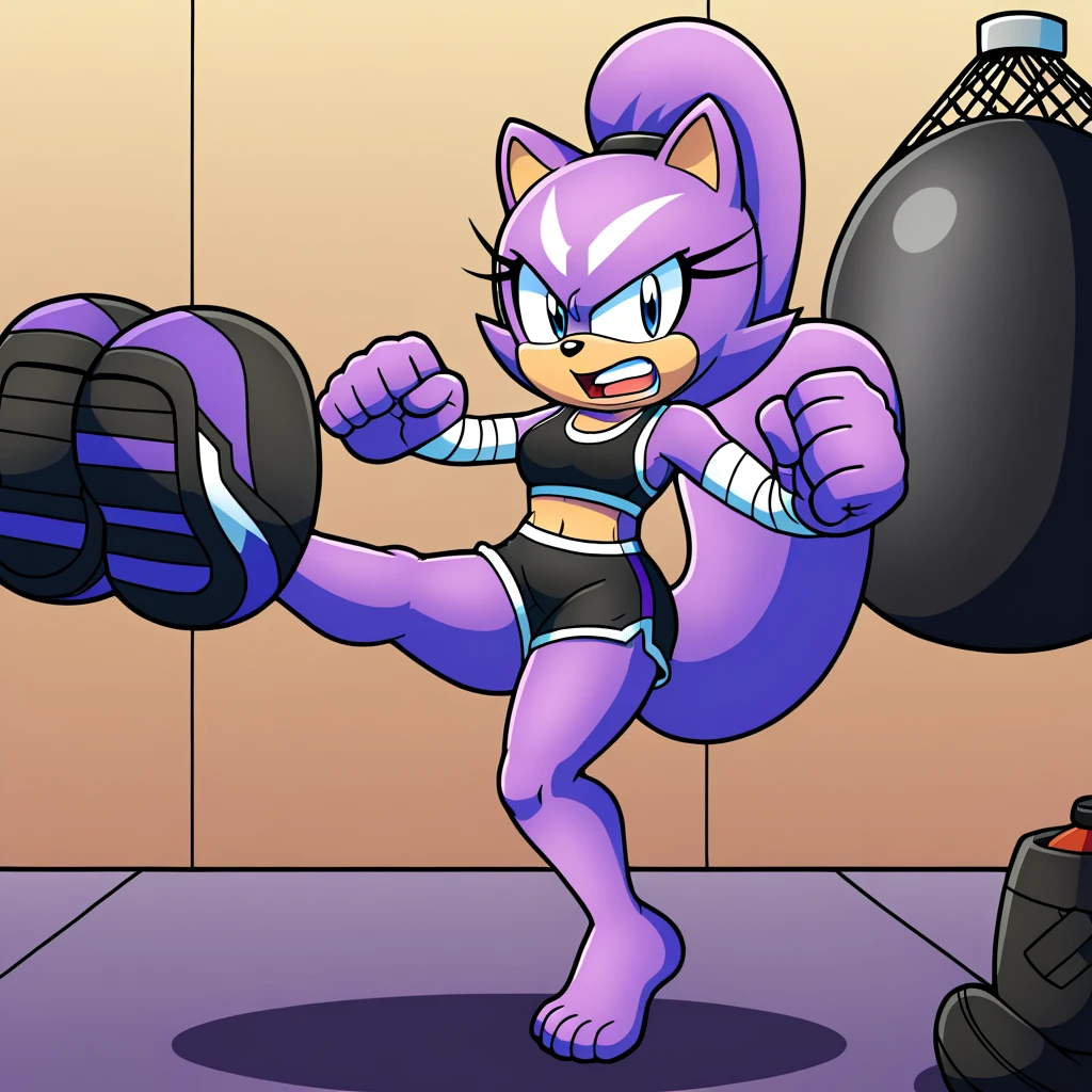 Kaori, solo, purple squirrel girl, by fumiko, by hyattlen, purple hair, blue eyes, black nose, smal squirrel tail, wearing arm wraps, arm wraps, black sports bra, thick thighs, black short shorts, angry, mouth open,  perfect  hands, 5 fingers, perfect anatomy, in a gym, kicking a heavy bag, kicking a punching bag, flying kick, jumping high, dynamic, barefoot, 4 toes