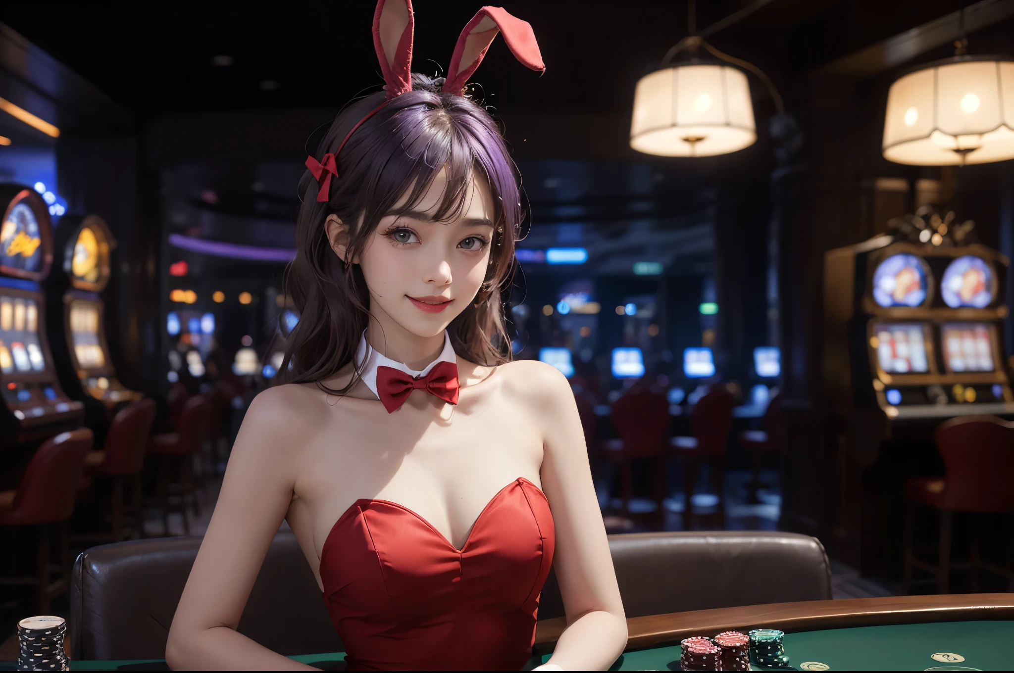 (highest quality, 8k, 32k, masterpiece, Ultra-high resolution):1.2, Blurred Background, Great photo with beautiful saturation, Ultra-high resolution,(Realistic:1.4)),Deep Shadow,(highest quality), ultra Realistic,32k,Highly detailed CG Unity,  Expressive eyes, Perfect Face, Perfect Anatomy, Perfect body, scene, One girl, Open your mouth, A light smile, Purple Hair, Brown eyes, Long Hair, Ahoge, peace sign, Close-up portrait ,, , (casino), Cowboy Shot, Exposing shoulders, Brown pantyhose, bow tie, Bunny ears, Red Bow, leotard, Wrist cuff, Strapless, Detachable collar, fake animal ears, Playboy Bunny, red bow tie, leotard, Strapless leotard, Elbow hand pockets,I can see your chest,An inviting smile