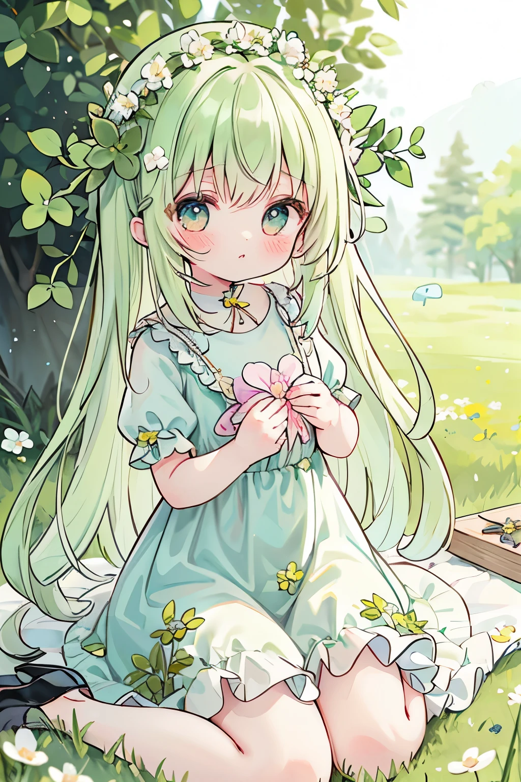 Chibi girl doll wearing a clover flower crown、Adorable shoes、Photorealistic、Very detailed、8k、masterpiece、Complex and soft lighting、Delicate petals、Natural Color、Porcelain Skin、Rosy Cheeks、Long eyelashes、Beautiful Eyes、Button Nose、Small lips、Gentle expression、Sitting in the clover field、Film composition、Warm tones、Shine、Ethereal、magical realism、Fantasy