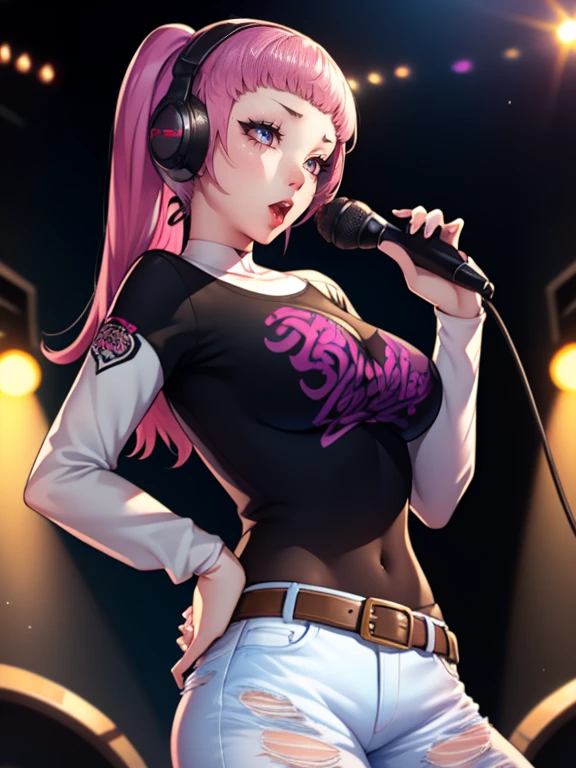 Hilda,earrings ,lipstick, eye shadow, makeup, 1girl, solo, black t-shirt, white shirt, blue jeans, belt, lipstick, large breasts, layered sleeves, sexy pose, holding a microphone, singing, stage background, headphones