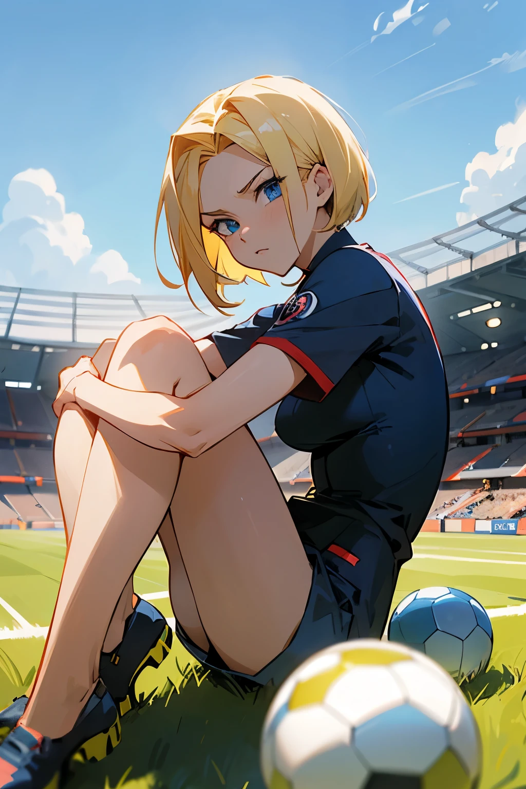 Create an anime-style illustration of a female soccer player sitting on the grass. She has short blonde hair, blue eyes, and facial features that are reminiscent of Android 18 from Dragon Ball Z, but with distinct differences to avoid direct similarity. She is wearing a Paris Saint-Germain (PSG) jersey. She is holding a soccer ball with an intense expression on her face. The background features a sunny day with a clear blue sky and a stadium in the distance. Anime drawing