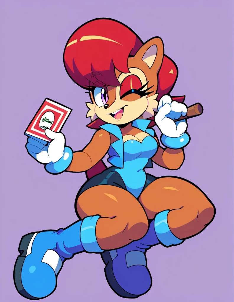 score_9, score_8_up, score_7_up, score_6_up, masterpiece, best quality, Sally acorn, 1girl, solo, looking at viewer, smile, simple background, gloves, bow, holding, opened mouth, smiling, full body, one eye closed, white gloves, blue vest, blue boots, leotard, bare legs, thick thighs, sitting down doing a pin up pose, strapless, wearing black shorts, highleg, happy, furry, eyeshadow, animal nose, purple eyes, animal ears, furry female, sonic the hedgehog Satam \(series\), teal, red hair