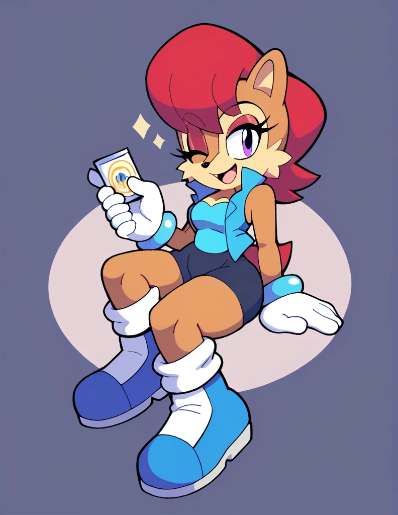 score_9, score_8_up, score_7_up, score_6_up, masterpiece, best quality, Sally acorn, 1girl, solo, looking at viewer, smile, simple background, gloves, bow, holding, opened mouth, smiling, full body, one eye closed, white gloves, blue vest, blue boots, leotard, bare legs, thick thighs, sitting down doing a pin up pose, strapless, wearing black shorts, highleg, happy, furry, eyeshadow, animal nose, purple eyes, animal ears, furry female, sonic the hedgehog Satam \(series\), teal, red hair