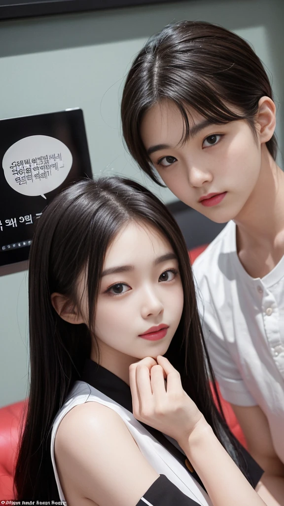  (high quality), (NSFW:1.2), Split screen vertically, 1 girl and 1 man are dating online by exchanging own photos and messages using a smartphone chatting app, 18 years old, korean, long distance relationship, The text is written in English., they weared korean high school uniforms, whole body, Focus your eyes on your phone screen and be happy, Upload your photos to an online community using a smartphone app, Men are crazy about her posts online, just like cartoon cuts., They&#39;re sending her messages asking to chat, You are amused by their reactions,  light makeup, slim figure, (girl weared thin and natural pantyhose : 1.9), (girl weared slim high_school uniform_pencil skirt and blouse : 1.6),(a man weared high school uniform_shirts and pants:1.5), (they weared school uniform_blazer and tie),