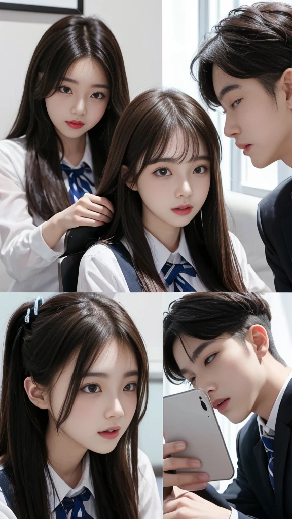 (high quality), (NSFW:1.2), Split screen vertically, 1 girl and 1 man are dating online by exchanging own photos and messages using a smartphone chatting app, 18 years old, korean, long distance relationship, The text is written in English., they weared korean high school uniforms, whole body, Focus your eyes on your phone screen and be happy, Upload your photos to an online community using a smartphone app, Men are crazy about her posts online, just like cartoon cuts., They're sending her messages asking to chat, You are amused by their reactions, light makeup, slim figure, (girl weared thin and natural pantyhose : 1.9), (girl weared slim high_school uniform_pencil skirt and blouse : 1.6),(a man weared high school uniform_shirts and pants:1.5), (they weared school uniform_blazer and tie),