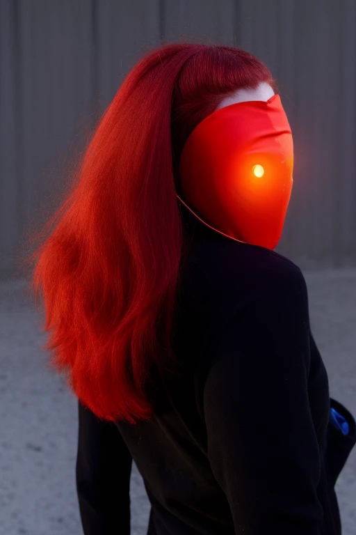 girl with long red hair, red eyes, futuristic vibes, mask on mouth, headphones, 8k, high quality, simple background, glowing eyes, nice pose
