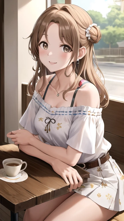 masterpiece, best quality, highres, hmhinana, long hair, single side bun, jewelry, collarbone, off-shoulder shirt, white shirt, puffy short sleeves, belt, skirt, floral print, indoors, cafe, coffe, cup, sitting, table, window, smile