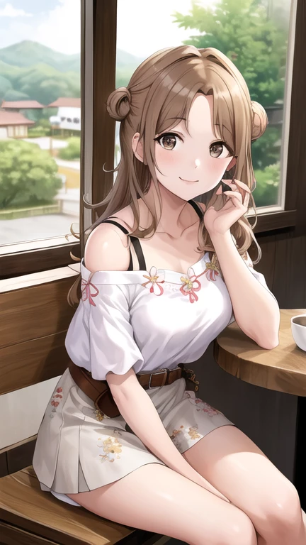 masterpiece, best quality, highres, Ichikawa Hinana, long hair, single side bun, jewelry, collarbone, off-shoulder shirt, white shirt, puffy short sleeves, belt, skirt, floral print, indoors, cafe, coffe, cup, sitting, table, window, smile