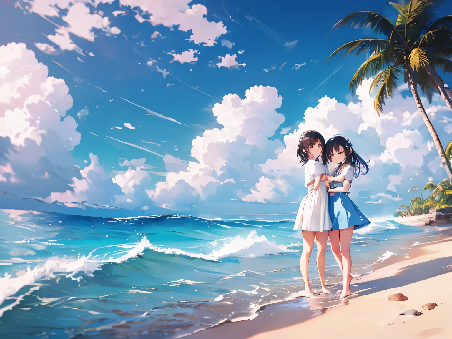 Short bob girl、A light blue bra stuck to a pure white dress shirt、A light blue mini skirt with cute white shorts that are lifted superior、barefoot、Sandy Beach, Cumulonimbus and blue sky、superior、sisters hugging