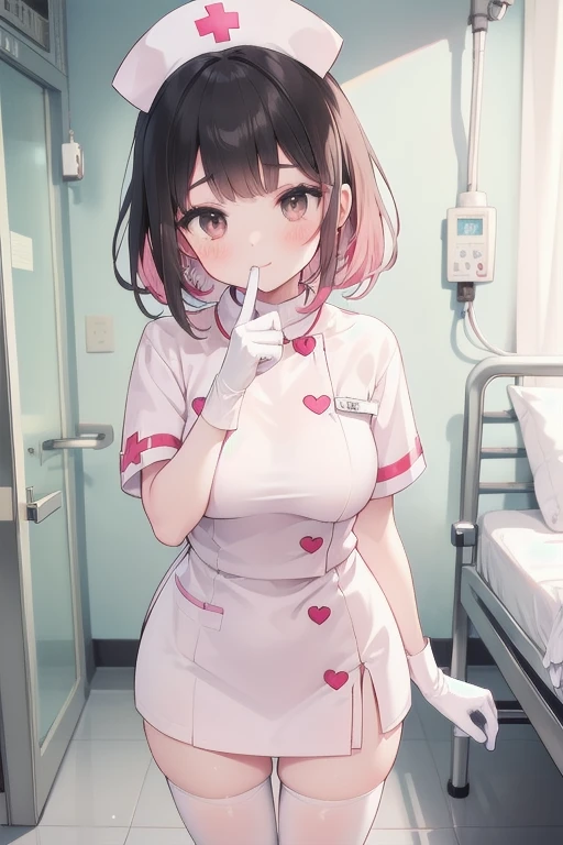 1girl, solo, nurse, nurse cap, white wear, ((white legwear, zettai ryouiki)), white gloves, pink hair,  drooping eyes, ((covered nose)), standing, ((hospital room)), sharp outline, short sleeves, best quality, masterpiece，Fleshy，Brown eyes，Fleshy，Black hair，happy，lol，Heart，red waistband，Black clothes，