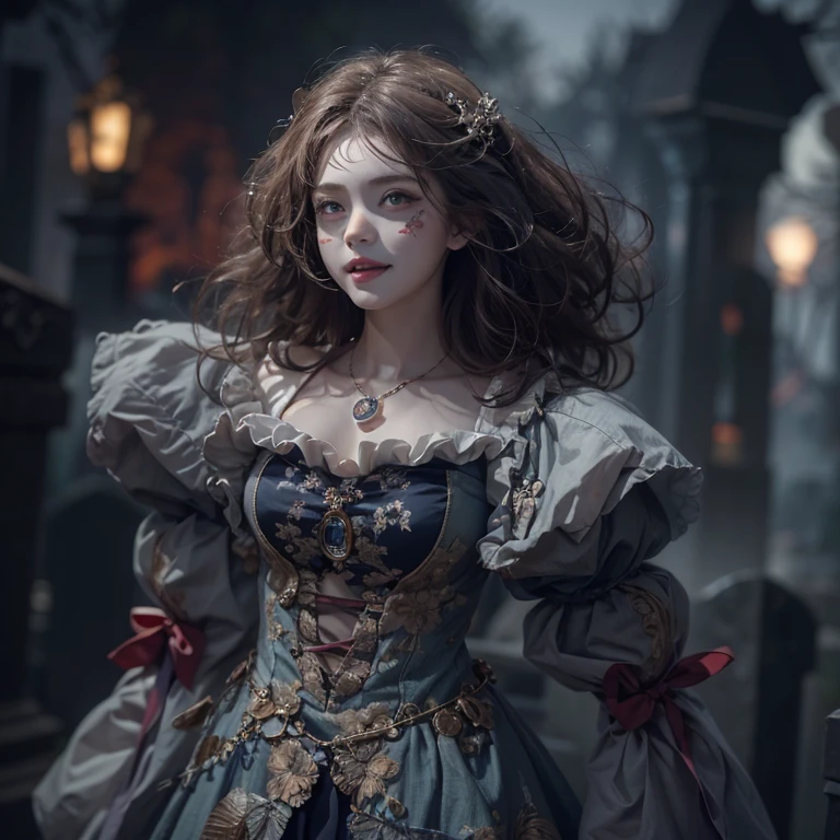 Standing in the grave、Hair flow、 ((highest quality、masterpiece、8k、Best image quality、Ultra-high resolution、Award-winning works)、(Accurate anatomy:1.1)、(Look at me and smile:1.1)、Shining fair skin with Ultra-high resolution、The most detailed face、Ultra-high resolution detailed face、Ultra-high resolutionの髪の毛、(Ultra-high resolution eye:1.1)、Beautiful face drawn in every detail、Cheerful clown costume, Chest to chest, Strange atmosphere, Ghosts flow, Dark Light, At the cemetery, Heavy makeup