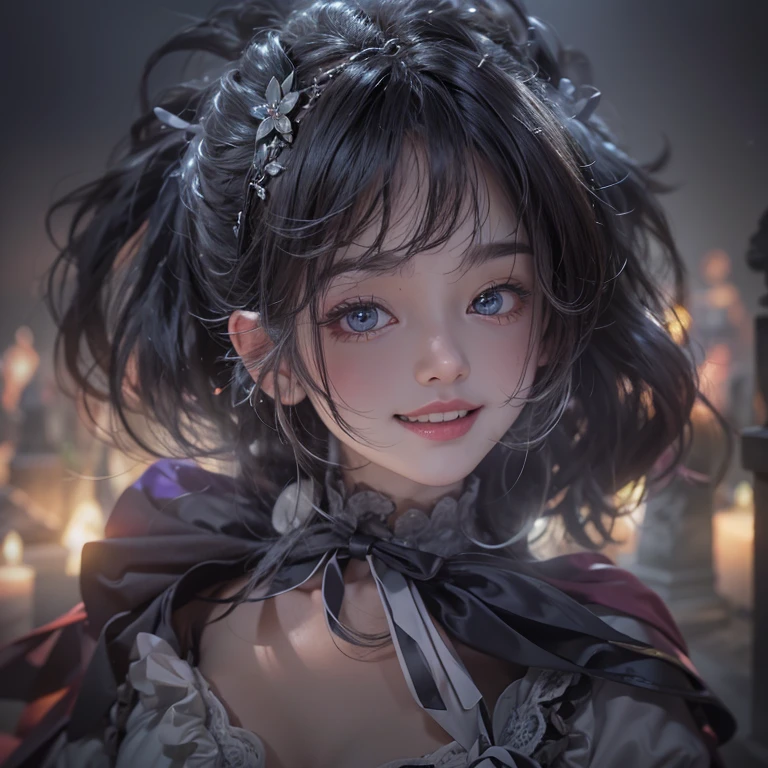 Standing in the grave、Hair flow、 ((highest quality、masterpiece、8k、Best image quality、Ultra-high resolution、Award-winning works)、(Accurate anatomy:1.1)、(Look at me and smile:1.1)、Shining fair skin with Ultra-high resolution、The most detailed face、Ultra-high resolution detailed face、Ultra-high resolutionの髪の毛、(Ultra-high resolution eye:1.1)、Beautiful face drawn in every detail、Cheerful clown costume, Chest to chest,  Strange atmosphere, Ghosts flow, Dark Light, At the cemetery, Heavy makeup 