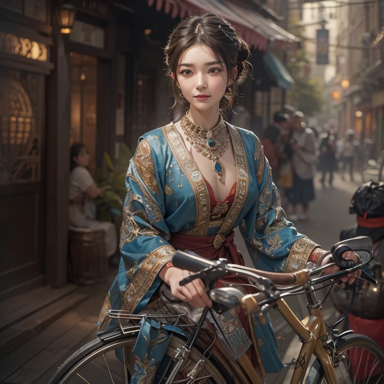 Ride an Antique Bicycle on Baker Street 、Hair flow、 ((highest quality、masterpiece、8k、Best image quality、Ultra-high resolution、Award-winning works)、(Accurate anatomy:1.1)、(Look at me and smile:1.1)、Shining fair skin with Ultra-high resolution、The most detailed face、Ultra-high resolution detailed face、Ultra-high resolutionの髪の毛、(Ultra-high resolutionの煌めく瞳:1.1)、Beautiful face drawn in every detail、(Blurred Background:1.1)、Ancient Islamic clothing, Chest to chest, tattoo,