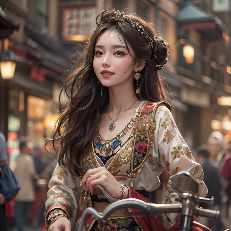 Ride an Antique Bicycle on Baker Street 、Hair flow、 ((highest quality、masterpiece、8k、Best image quality、Ultra-high resolution、Award-winning works)、(Accurate anatomy:1.1)、(Look at me and smile:1.1)、Shining fair skin with Ultra-high resolution、The most detailed face、Ultra-high resolution detailed face、Ultra-high resolutionの髪の毛、(Ultra-high resolutionの煌めく瞳:1.1)、Beautiful face drawn in every detail、(Blurred Background:1.1)、Ancient Islamic clothing, Chest to chest, tattoo,