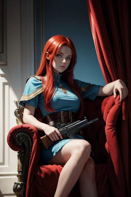 A girl with red hair light blue eyes sitting on a throne holding a gun