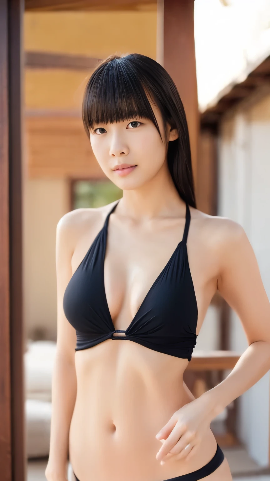 (Realistic、Realistic:1.3)、（Cute 20 year old girl.:1.4)、（Show me your breasts:1.8）、White skin、（（Small breasts））、Thin legs、let down your bangs、Black Swimsuit、School Swimsuit