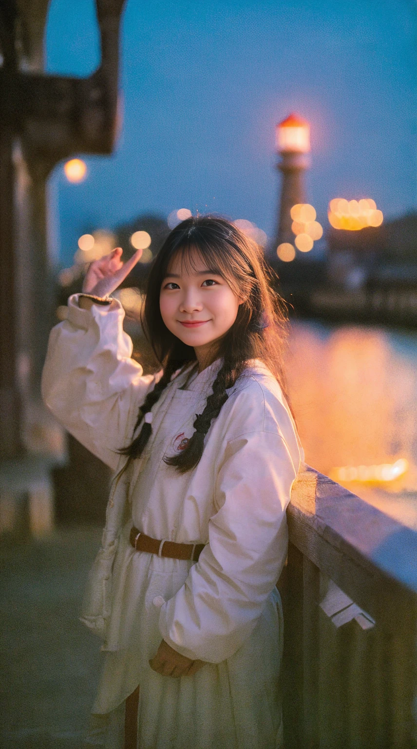 cinematic film still, 1girl, solo, (cute smile:1), beach,(night:1.1), (light city), akagi_rin(denchi-project), solo, star hair ornament, twin braids,sparkle, from the front, looking at viewer, huge sunset,red floating, uniform, night, waving, sea, 1 lighthouse, shallow depth of field, vignette, highly detailed, high budget, bokeh, cinema scope, moody, epic, gorgeous, film grain, grainy, random pose