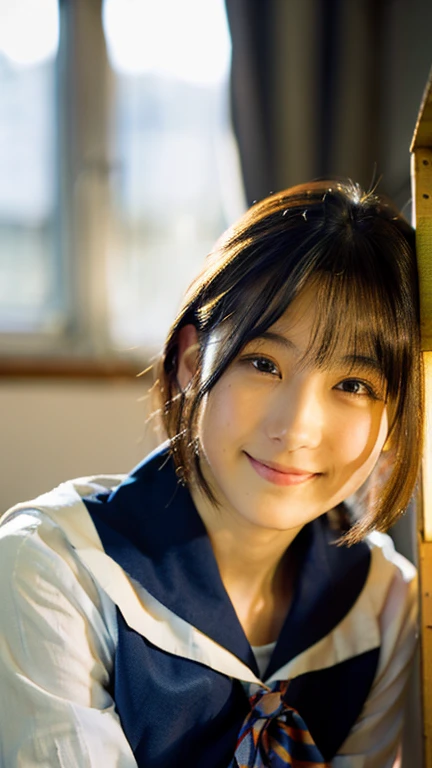 (highest quality,masterpiece:1.3,Ultra-high resolution),(Very detailed,Caustics,8k),(Realistic:1.4,RAW shooting),(School classroom),(The girl sitting next to me),mechanical,Chair,18-year-old,cute,(Smiling and looking at the camera),Japanese,Short black hair,,Sailor suit,(The light coming in from the window illuminates the girl:1.1),(Curtains swaying in the wind),(Side Shot:1.1),(Bust up shot),(Face Focus),(Face close-up),Natural light
