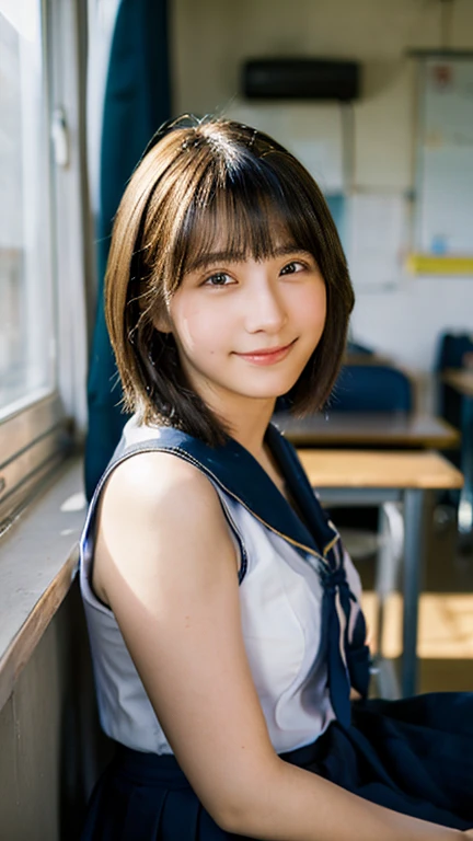 (highest quality,masterpiece:1.3,Ultra-high resolution),(Very detailed,Caustics,8k),(Realistic:1.4,RAW shooting),(School classroom),(The girl sitting next to me),mechanical,Chair,18-year-old,cute,(Smiling and looking at the camera),Japanese,Short black hair,,Sailor suit,(The light coming in from the window illuminates the girl:1.1),(Curtains swaying in the wind),(Side Shot:1.1),(Bust up shot),(Face Focus),(Face close-up),Natural light