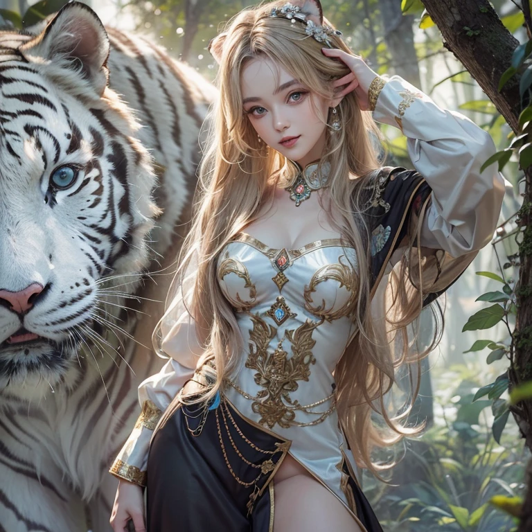 Standing in the forest、Hair flow、 ((highest quality、masterpiece、8k、Best image quality、Ultra-high resolution、Award-winning works)、(Accurate anatomy:1.1)、(Look at me and smile:1.1)、Shining fair skin with Ultra-high resolution、The most detailed face、Ultra-high resolution detailed face、Ultra-high resolutionのblond hair、(Ultra-high resolution eye:1.1)、Beautiful face drawn in every detail、Traditional Russian costume , Chest to chest, Strange atmosphere, Next to him stands a real white tiger, Dark Light, in the forest , Heavy makeup