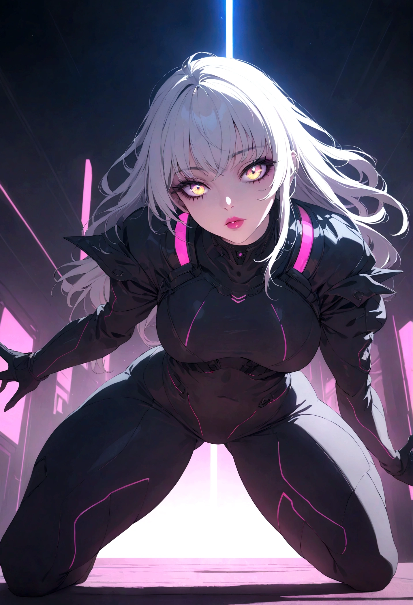 incredible detailed anime k-pop girl, beautiful detailed eyes, long spiked white hair, beautiful detailed lips, extremely detailed face, long eyelashes, dynamic pose, dramatic lighting, neon backlit, dark moody atmosphere, chiaroscuro lighting, moody colors, vibrant neon colors, cyberpunk aesthetic, 8k, high quality, hyper detailed, photorealistic, masterpiece