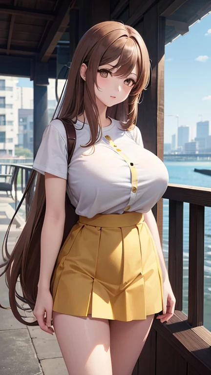 anime girl in a yellow button t shirt & white skirt, outside, long brown colour hair until waist, brown colour eyes, seductive anime girl, beautiful alluring anime woman, [ 4 k digital art ]!!, breasts covered and sfw, beautiful alluring anime teen, big breasts!, big breasts!!, with large breasts, sfw huge breasts, with a large breasts, | fine detail anime, smooth anime cg art, standing pose, slim waist, perfect body figure