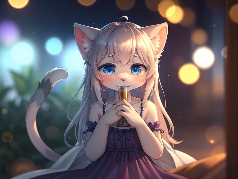 Hallucination, daydream , Bokeh , A cat getting drunk after sniffing silver vine , night dress , romance , Staring at viewer with moist eyes