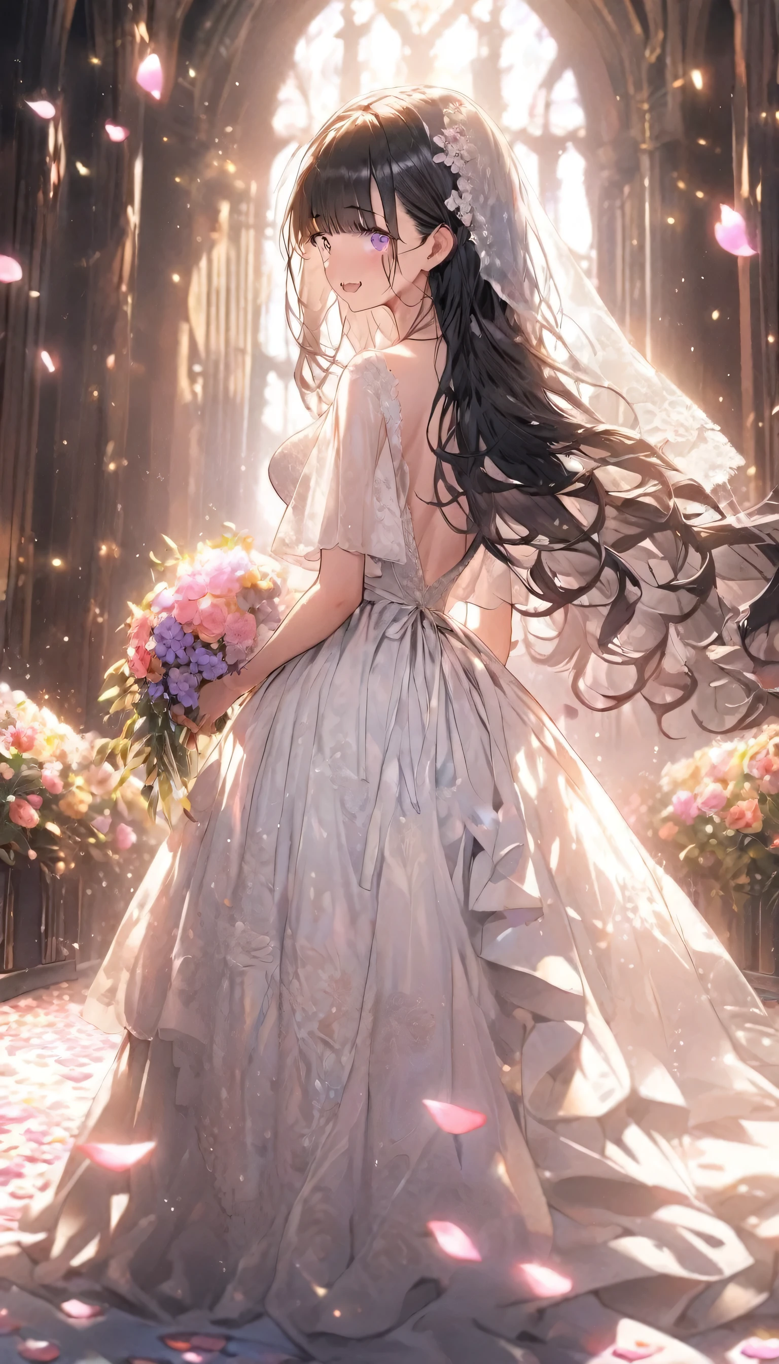 Masterpiece, top quality, fine detail, absurd, 1girl, kawaii, purple eyes, fang, long hair, black hair, white hair, multicolored hair, ((split-color hair)), bangs, light smile, fang, long lace veil, bride in long wedding dress standing in the center, from behind, lace of her long wedding dress spreading to fill the screen, church doors open in the background, bright light, stained glass:1.5, bright light, (Cinematic light:1.5), (light particles:1.5), (flower petals:1.5), (full body),