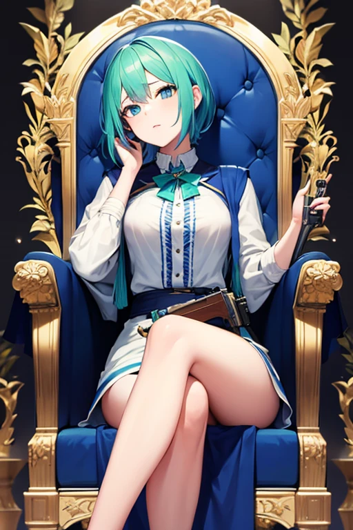 A girl with blue hair light green eyes sitting on a throne holding a gun